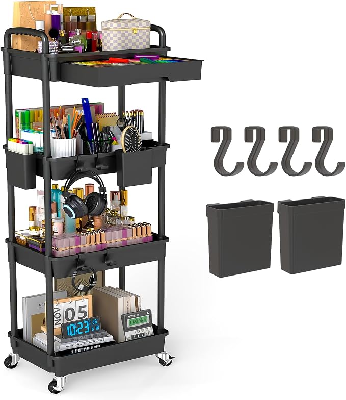4 Tier Rolling Utility Cart with Drawer, Plastic Storage Organizer Rolling Carts with Wheels Handles Hanging Cups Hooks for Office, Bathroom, Kitchen,Craft Art Room (Black) by LLMRR