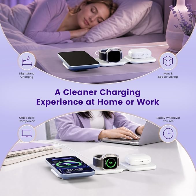 15W Magnetic Travel Charging Station, 3-in-1 Foldable MagSafe Charger | Wireless Charger for Apple Multiple Devices - iPhone Air 17 16 15 14 13 12 Pro Max, Watch & AirPods - Slim Portable, White - Image 8