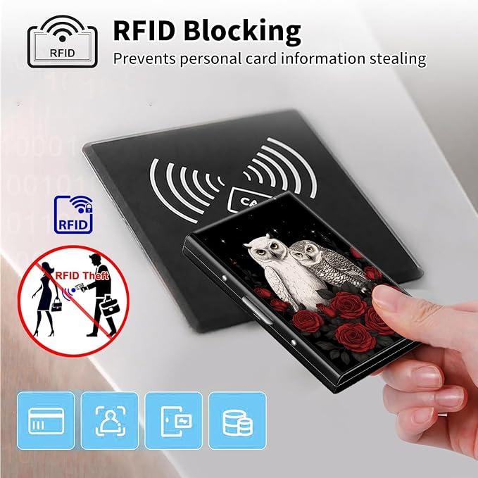 Metal Wallet,Credit Card Holder for Women Men,RFID Blocking Card Holder Wallet Mini Slim Aluminum Wallet ID Case Hard Card Case Business Card Holder Case,Owl Red Flower - Image 3