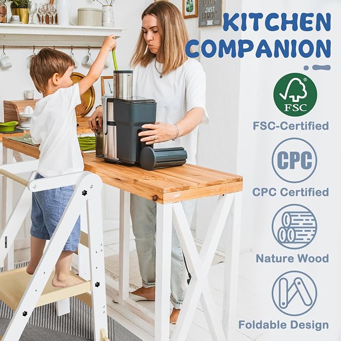 Foldable Toddler Kitchen Stool Helper with 3 Adjustable Heights,Aged 1-6 | CPSC Test,Wooden Collapsible Toddler Tower with Safety Rails&Feet,Wide Pedal,for Kitchen Cooking, Baking or Washing Hands - Image 2