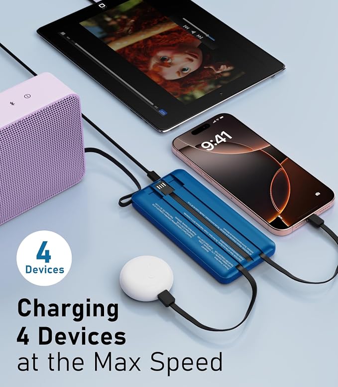 Portable Charger with Built in Cables, Slim 10000mAh Power Bank, USB C Battery Pack Travel, 4 Output 2 Input External Charging Bank for iPhone 17/16/15/14/13,Samsung, Android, etc-Black&Blue(2 Pack) - Image 2