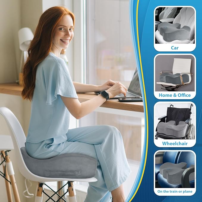 BlissTrends Thick Seat Cushion for Office Chair & Car Seat, XL, LightGrey | 5.2in Memory Foam with Removable Velvet Cover, Ergonomic Tailbone & Sciatica Support for Pressure Relief and Long Sitting - Image 6