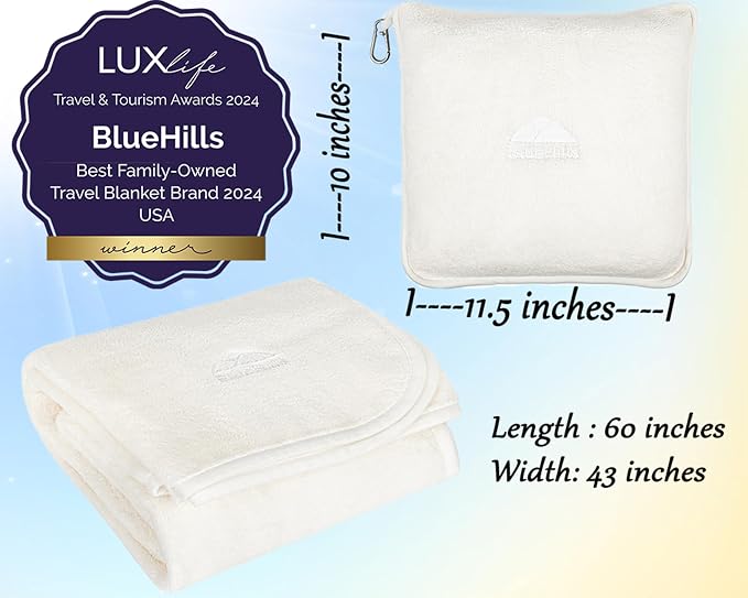 BlueHills Premium Soft Travel Blanket Pillow Combo Airplane - Ivory White | Travel Blanket Pillow Combo, Luggage Strap & Backpack Clip, Compact Portable Plane Accessories, Airplane Comfort, Soft & Cozy - Image 5