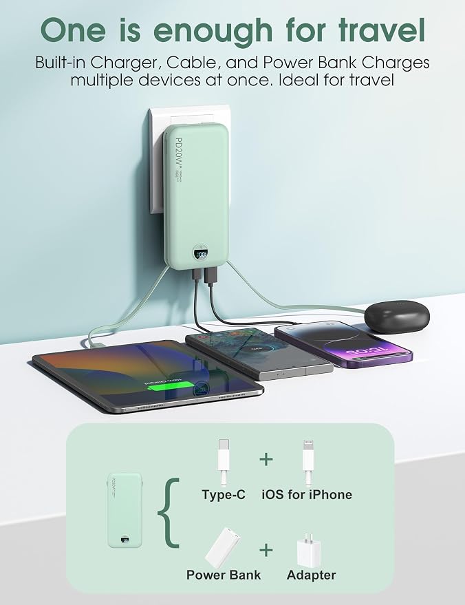 citicr Portable Charger 10000mAh PD20W w/Built-in Cables & Wall Plug Green | Fast charging, Built-in wall plug, LED display, Charge 5 devices at once, Pass through charging, TSA approved, Pocket size - Image 4