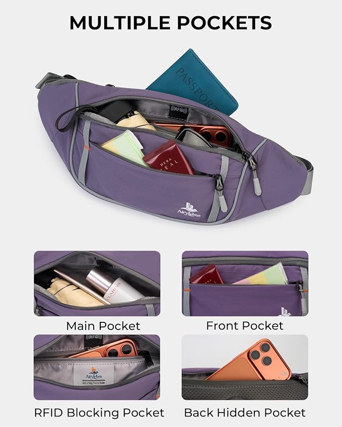 2.5L Fanny Pack for Women Men, RFID Blocking Crossbody Belt Bag, Purple | Lightweight Water-Resistant Fabric, Adjustable Belt, Breathable Back Padding, Waist Bag for Running Hiking Dog Walking - Image 3