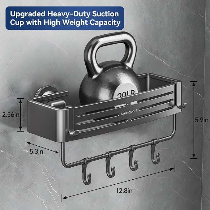Rectangle Shower Caddy Suction Cup, Gray (3 Pack) | Rustproof aluminum shelf with towel bar & hooks. No-drill suction mount. Removable bathroom storage - Image 3