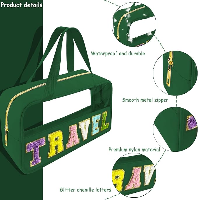 Bunliuys Chenille Letter Clear Makeup Bag Travel Patch, Travel Toiletry Makeup Bag with Handle, Nylon Waterproof Makeup Bags clear cosmetic bag, preppy patch makeup bag for Women (TRAVEL-Dark Green) - Image 3