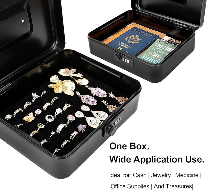 Jssmst Large Cash Box with Combination Lock – Durable Metal Cash Box with Money Tray Black(9.8 x 7.9 x 3.5), SM-CB07001L - Image 6