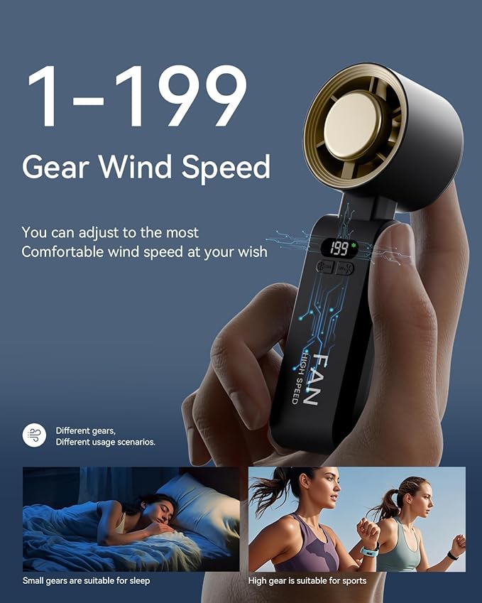 Handheld Portable Turbo Fan with Ice Cooler, Speed (1-199) 5500mAh Rechargeable Personal Fan,[20H Cooling Time] Mini Yet Powerful [20000 RPM] Small Pocket Fans for Travel/Outdoor/Office, Gold Black - Image 4