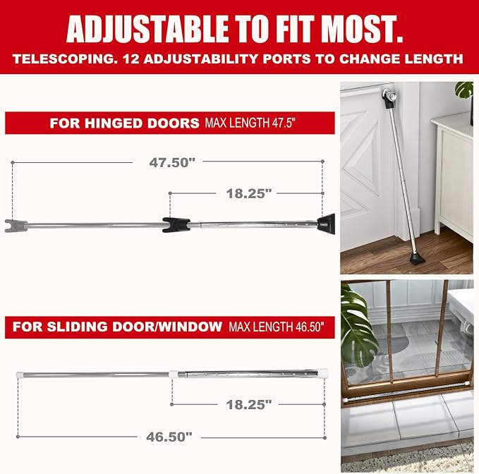 SECURITYMAN 3-in-1 Door Security Bar, Security Door Stoppers & Door Barricade – Heavy Duty Adjustable Iron Security Lock Bar for Home Defense, Apartment & Travel Safety (1 Pack - Chrome) - Image 3