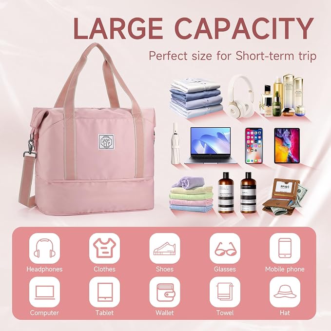 WALNEW Travel Duffel Bag, Weekender Overnight Bag for Women, Pink | Carry On Bag, Foldable Waterproof Gym Luggage with Metal Buckle Detachable Shoulder Strap and Wet Compartment - Image 3