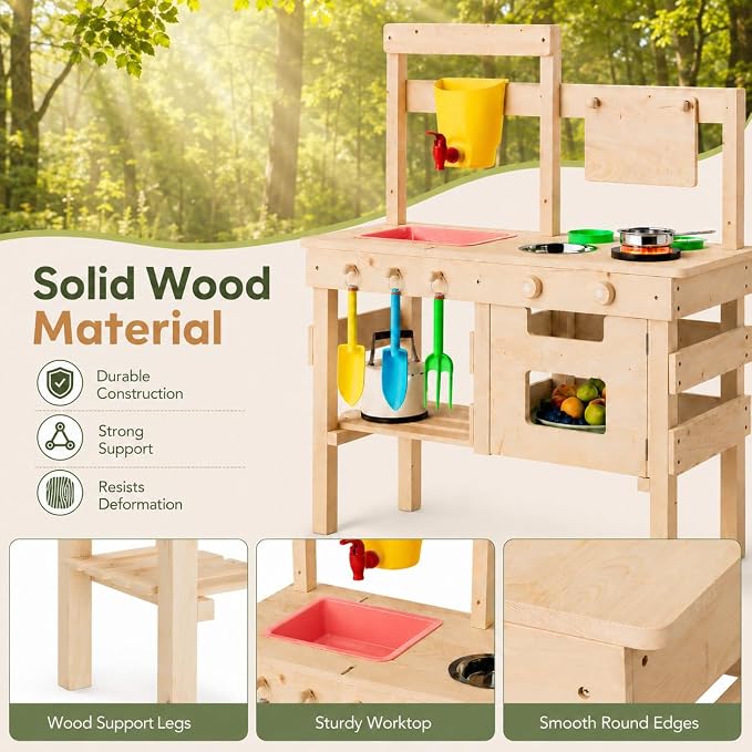 Kids Wooden Mud Kitchen Outdoor Playset, Solid Wood Backyard Pretend Kitchen with Working Faucet, Sink, Cutting Board, Planting Cups, Toy Cookware, Magnetic Cabinet Door and Storage Shelf - Image 7