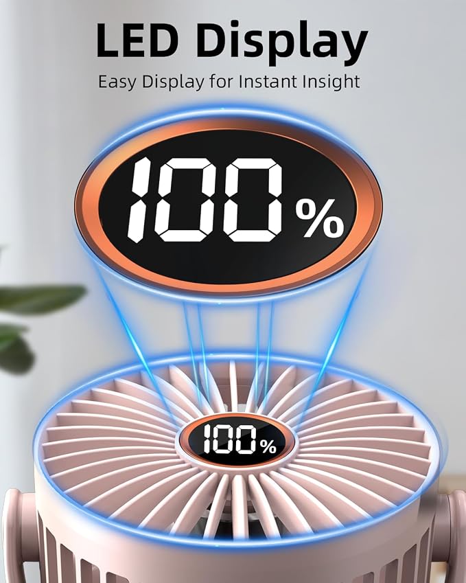 buywoo Portable Mini Personal Fan, Small Rechargeable Battery Powered Stroller Fan for Desk, Strong Clamp Grip, 360° Rotation, 3-Speed, LED Display, Clip On Cooler for Bed, Golf Cart, Office, Pink - Image 3