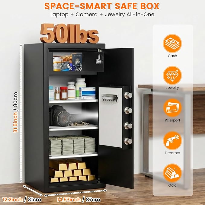 8.0 Cub Large Home Safe Box with Inner Lock Box, 31.5"H Slim Design | 50LBS Heavy Duty Steel, Alarm System, LED Light, Removable Shelves, Wall/Floor Mountable for Home Business Office - Image 2
