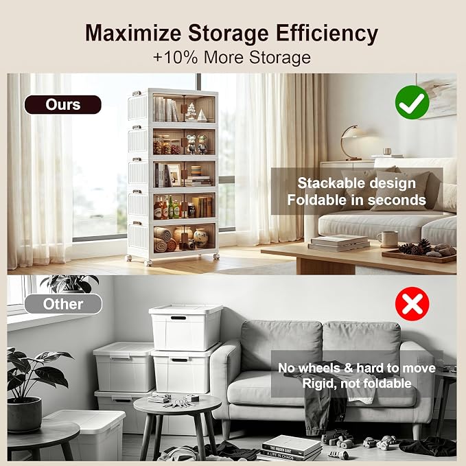 275QT Stackable Storage Bins With Lids, Collapsible Plastic Storage Bins with Wheels and Doors, Foldable Plastic Cabinets for Bedroom Dorm Garage - Image 5