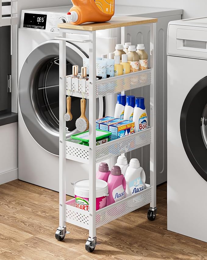 Slim Rolling Storage Cart 4 Tier Bathroom Organizer Mobile Shelving Unit Utility Cart with Wood Top and Handle for Kitchen Laundry Narrow Places, White by Giwil