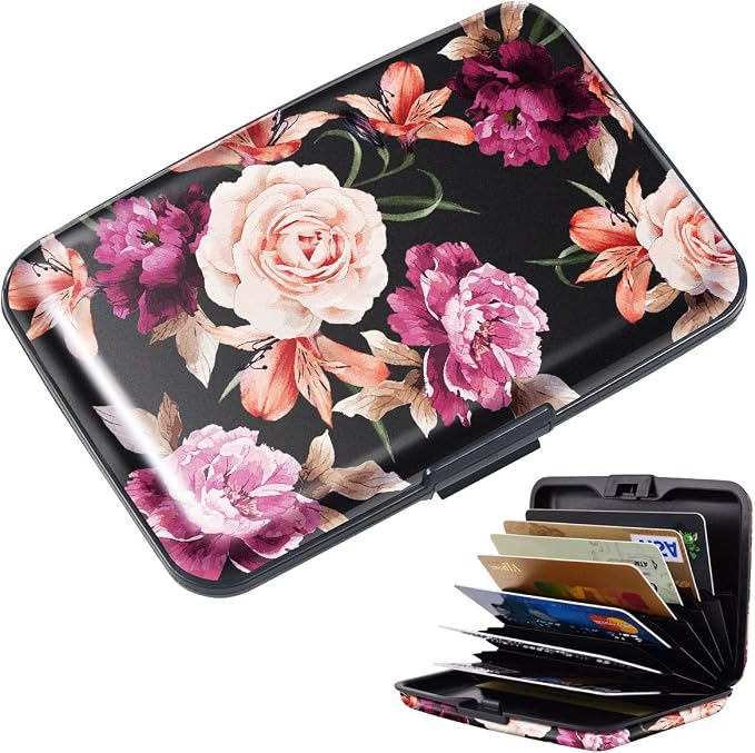 Mini Credit Card Holder for Women,RFID Blocking Slim Hard Card Case ID Case Travel Wallet Black Rose Flowers - Image 7