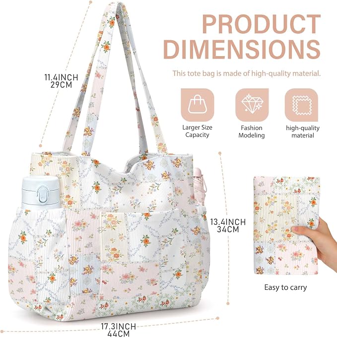 Corduroy Tote Bag for Women,Large Capacity Cute Tote Bags With 6 Pockets,Crossbody Shoulder Handbag for Work Travel Gym - Image 5