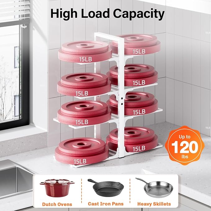 MUDEELA 8-Tier Heavy Duty Pots and Pans Organizer for Cabinet, 20.8"H White | Adjustable heavy-duty pot rack, Holds big stockpots and cookware, Fits under cabinet or on countertops, Easy Assembly - Image 3
