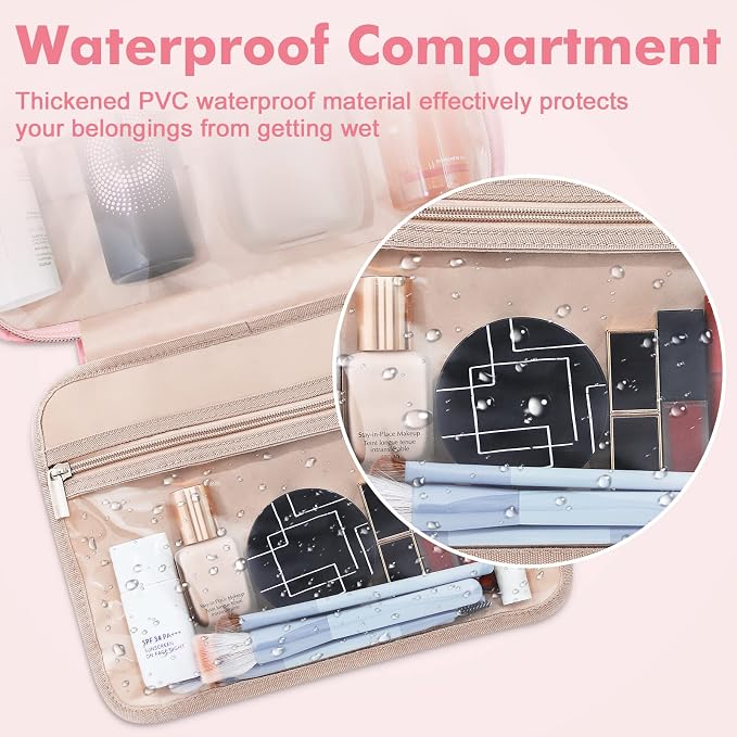 Toiletry Bag for Women, Large Cosmetic Travel Bag, Hanging Toiletry Bag for Bathroom, Thickened PVC Waterproof Travel Makeup Bag, Toiletries Bag for Travel Business Trips and Camping, Pink - Image 3