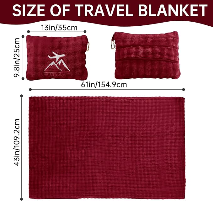 Travel Blanket and Pillow-2-in-1, Ultra-Soft&Compact,Airplane Blanket with Hand Luggage Belt and Backpack Clip,Travelers Accessories Gifts, 61x43 Inches（Burgundy） - Image 2