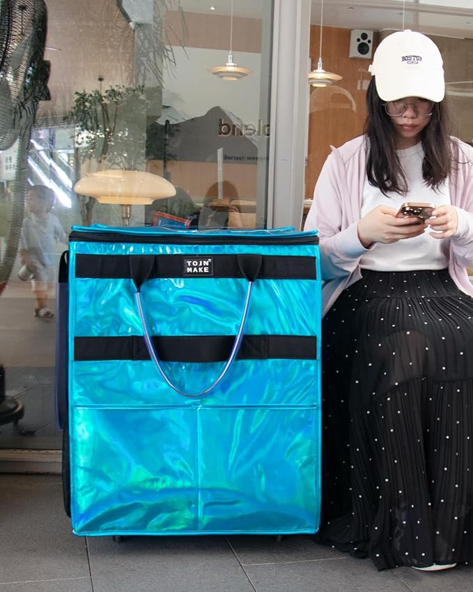 Reusable Grocery Bag with Wheels, Large Glitter Blue Rolling Tote | 8 Pockets, Zipper Cover, Foldable for Women, Kitchen, Travel, Carries Up to 76LBS - Image 5