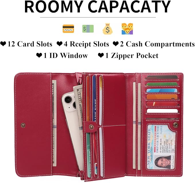 GOIACII Leather Wallets for Women RFID Blocking Western Clutch Red | Embossed Design, Trifold, Large Billfolds, Vintage Flower, Ladies Purses with Zipper Coin Pocket - Image 2