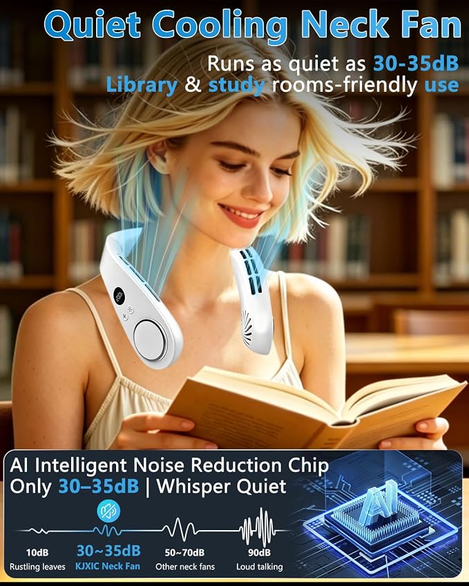 Neck Fan with Cooling Plate-24H Quiet Powerful Fans that Blow Cold Air-5 Speed&Power LED Display-USB 5500mAh Bladeless Wearable Personal AC Cooler for Women,Men,Kids,Travel,Outside,Indoor White - Image 4