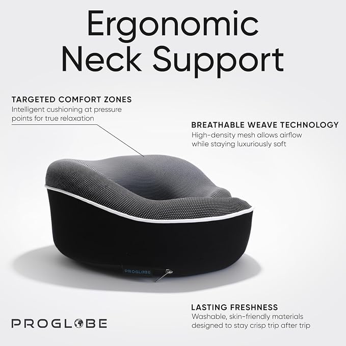 Airplane Pillow, Orthopedic Memory Foam Travel Neck Pillow, Black | 360 Head Support Sleep Set with 3D Contoured Eye Masks, Earplugs and Luxury Mesh Bag, Car and Long Flight Essentials - Image 3