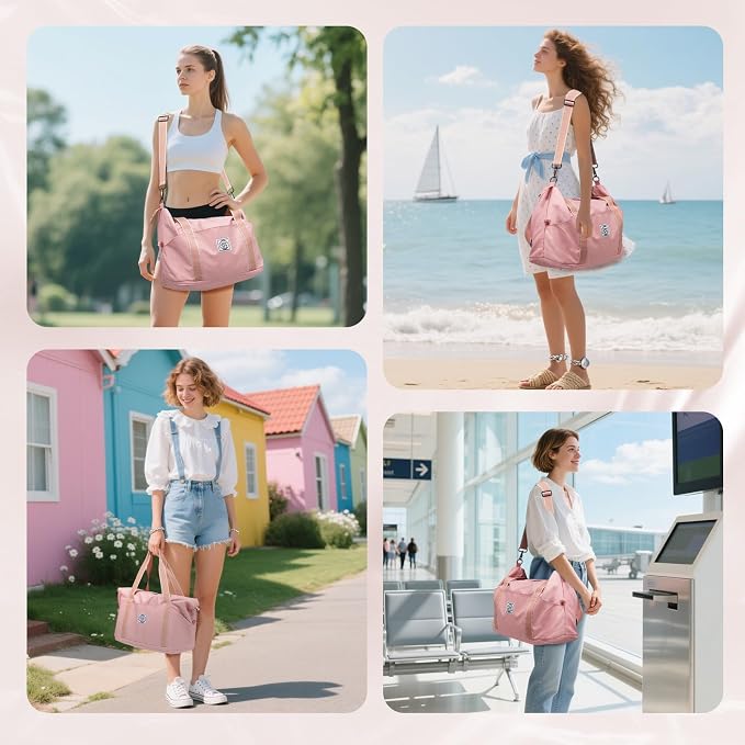 WALNEW Travel Duffel Bag, Weekender Overnight Bag for Women, Pink | Carry On Bag, Foldable Waterproof Gym Luggage with Metal Buckle Detachable Shoulder Strap and Wet Compartment - Image 8