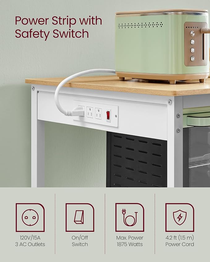 VASAGLE Kitchen Island with 3 Shelves, Kitchen Shelf with Power Strip, 23.6 x 39.4 x 34.9 Inches, Large Worktop, Steel Structure, Industrial, Easy to Assemble, Oak Color and White UKKI105Y01 - Image 5