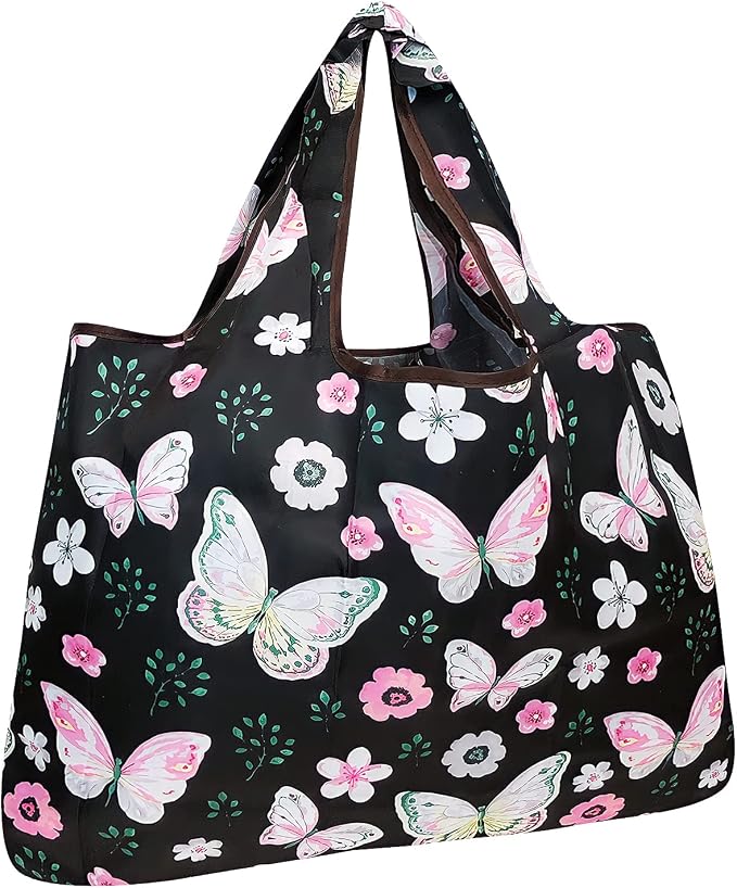 allydrew Large Foldable Tote Nylon Reusable Grocery Bags, Midnight Butterfly by allydrew