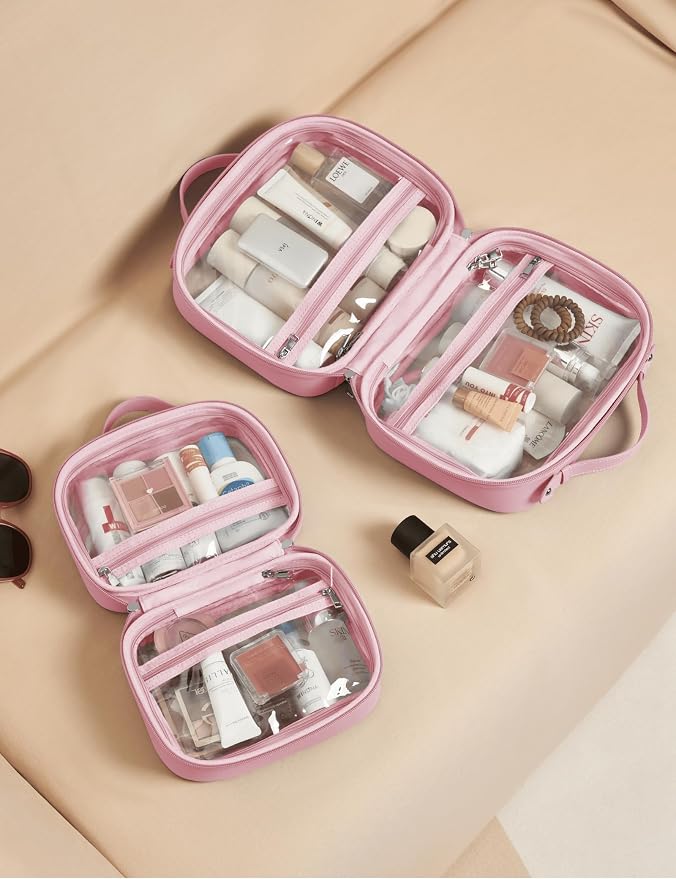 Clear Cosmetic Bag Double Layer Travel Toiletry Bag Clear Makeup Bag Case with 4 Compartments, Transparent Travel Bag for Toiletries, Large Toiletry Bag for Women Cosmetic Case (Pink, Small) - Image 9