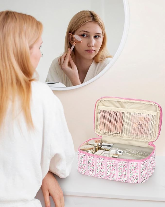Relavel Cute Makeup Bag for Girls, Portable Pink Cosmetic Bag | Dual-layer Makeup Pouch with Brush Holder, Multi-Functional Preppy Toiletry Organizer for Travel, Daily Use - Pink Flower - Image 6