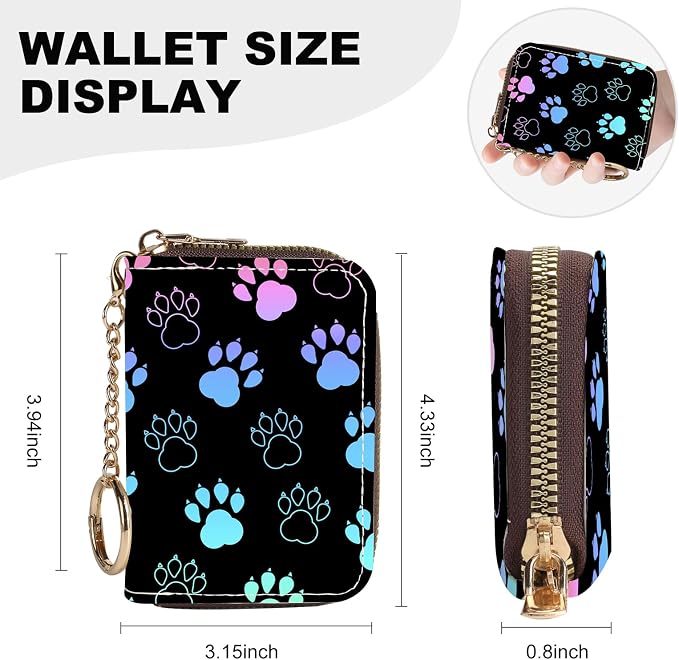 Credit Card Holder for Women,Small Rfid Wallet with Keychain Zipper,Cute PU Leather Card Case Wallet，Accordion Credit Card Wallets Gift,Colorful Paw Prints - Image 4