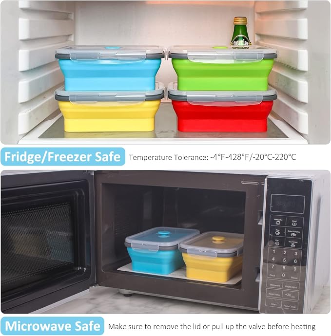 Collapsible Food Storage Containers with Airtight Lid, 27 oz, Kitchen Stacking Silicone Collapsible Meal Prep Container Set for Leftover, Microwave Freezer Dishwasher Safe, 4 Colors, Set of 4 - Image 6