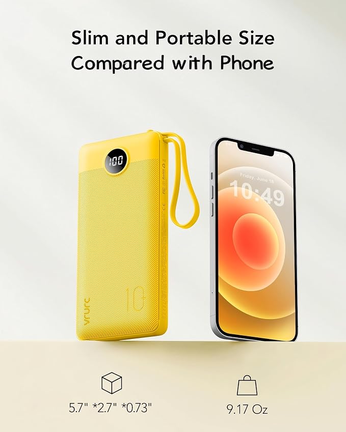 VRURC Portable Charger, Built-in 4 Cables Portable Phone Charger 10000mAh | Lightweight Power Bank with 5 Output 2 Input Compatible with Smart Phones,Samsung,Android etc-Yellow(1 Pack) - Image 5