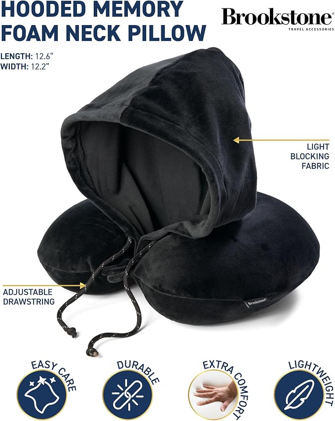 Brookstone Travel Pillow U-Shaped Memory Foam Hooded Pillow with Snap | Attached Hood Blocks Light for Deeper Sleep on Flights, Soft Cushioning Contours to Your Head, Closure Clips to Any Bag - Image 2