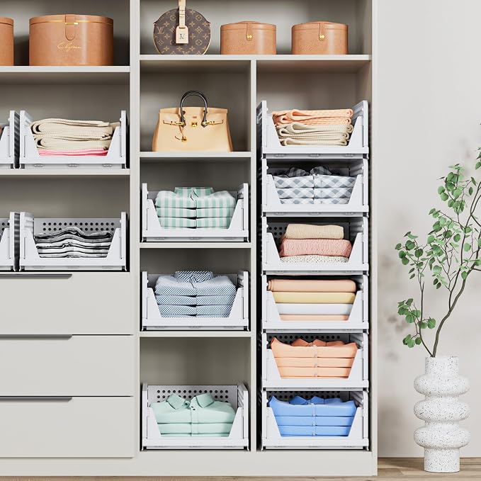 4 Pack Stackable Closet Storage Basket - Stackable Storage Bins | Multifunctional & Foldable Closet Organizer Waterproof, Wardrobe Cupboard Space-Saving Storage Drawer Organizer - Image 2
