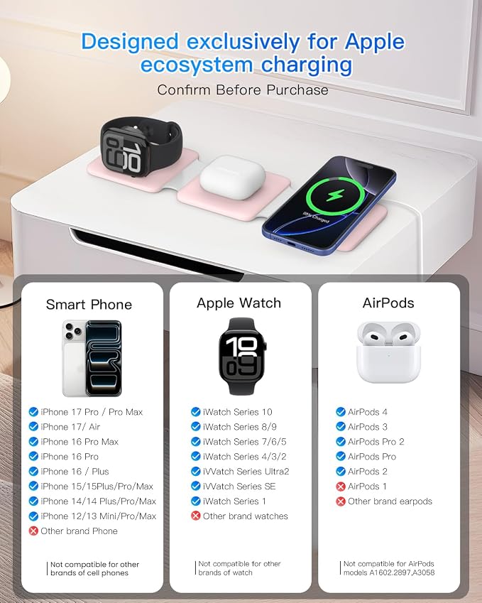 Charging Station for Apple Multiple Devices: 3 in 1 Foldable Magnetic Wireless Charger Stand - Travel Charging Dock Compatible with iPhone 17 16 15 14 13 12 Pro Max Plus Apple Watch AirPods - Image 4