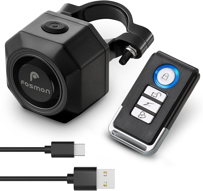 Fosmon USB-C Rechargeable Bike Alarm with Remote, IP55 Waterproof Wireless 110dB Loud Anti-Theft Vibration Motion Sensor Vehicle Tracker Alarm Security System for Bicycle, E-Bike, Motorcycle, Scooter by Fosmon