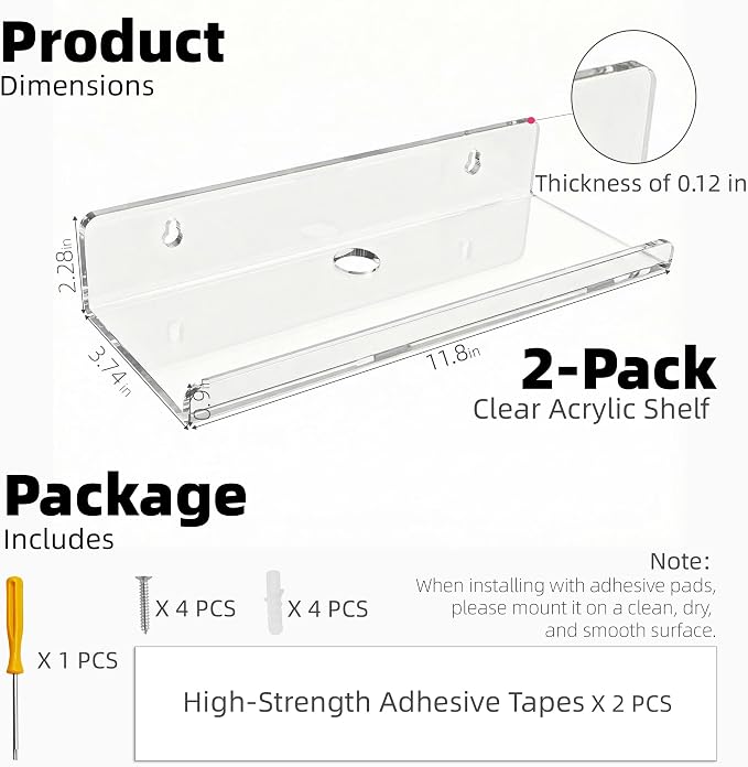 Clear Acrylic Floating Shelves, No Drill Wall Shelves, 2 Pack | Clear Acrylic Design; 2 Pack Wall Shelves; Adhesive or Screw Mount; No Drill Option; 12 lb Max Load - Image 2