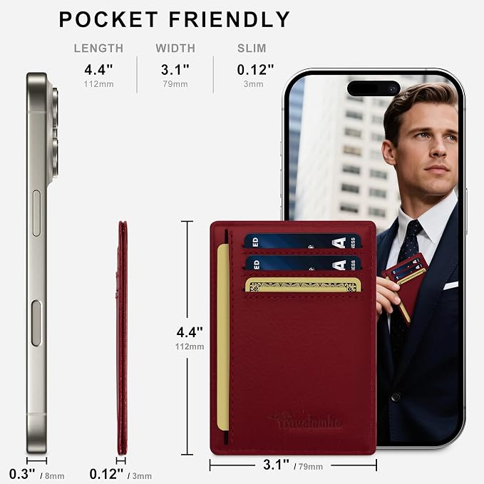 Travelambo 100% Genuine Leather Wallet for Men and Women, Slim Minimalist RFID Blocking Front Pocket Credit Card Holder with Gift Box(Red 963) - Image 5