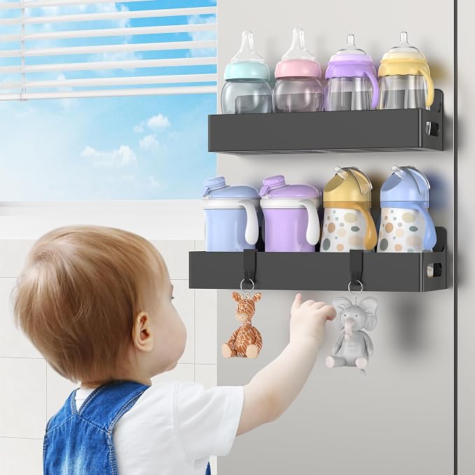 2 Pack Magnetic Spice Rack for Refrigerator Upgrade Black | Magnetic Cup Holder for Fridge, Magnetic Fridge Shelf with Hooks, Kids Sippy Cup Holder Kitchen - Image 8