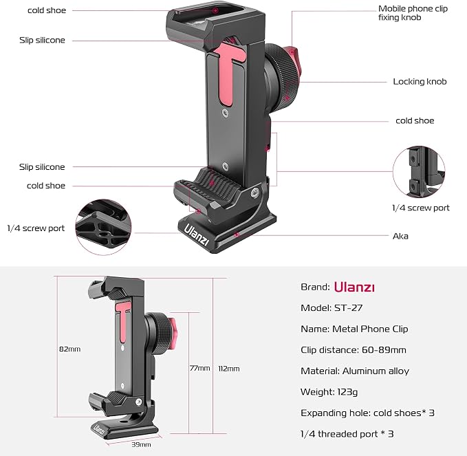 Metal Phone Tripod Mount 3 Cold Shoes & Arca Port, 360° Smartphone Tripod Adapter for iPhone 17 16 15 Cell Phone Stand Holder for Desktop Video Live Streaming Vlogging Rig (Pack of 2) - Image 7