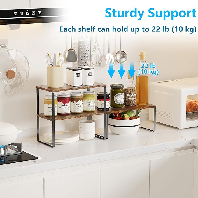 Golener Kitchen Counter Organizer, Countertop Shelf, Adjustable, Stackable | Kitchen Countertop Organizer, Spice Rack, 2-Tier Countertop Shelves, Corner Desk Shelf, Corner Counter Shelf, Rustic Brown - Image 4