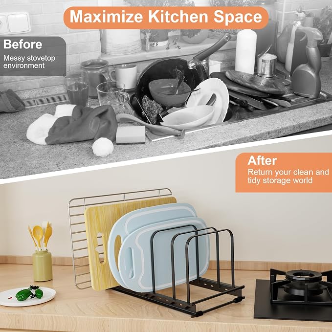 TEAMOLA Metal Cutting Board Organizer - Adjustable Bakeware Rack 2-Pack | Black Metal Kitchen Rack Organizer, Adjustable Holder Fits Pans Lids Sheets, Cabinet Counter Under Sink Caddy with 7 Slots - Image 5
