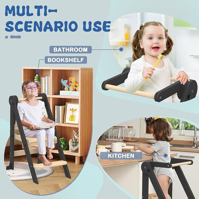 Foldable Toddler Kitchen Stool Helper with 3 Adjustable Heights,Aged 1-6 | CPSC Test,Wooden Collapsible Toddler Tower with Safety Rails&Feet,Wide Pedal,for Kitchen Cooking, Baking or Washing Hands - Image 7