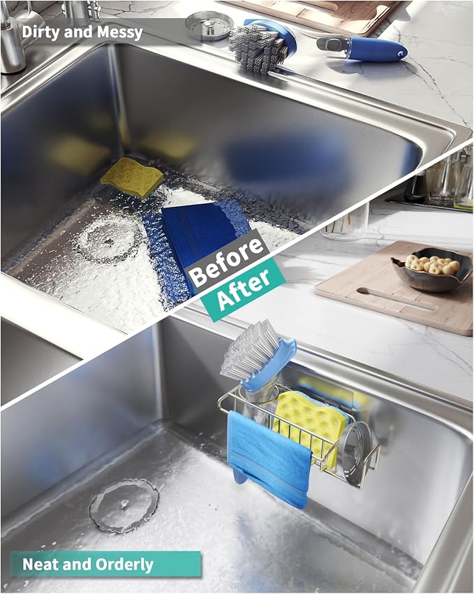 HapiRm Sink Caddy Sponge Holder - No Drill Sponge Holder for Kitchen Sink, Rustproof and Waterproof Kitchen Organizer - Brushed Nickel（8.65 * 3.54 * 2.36 in） - Image 7