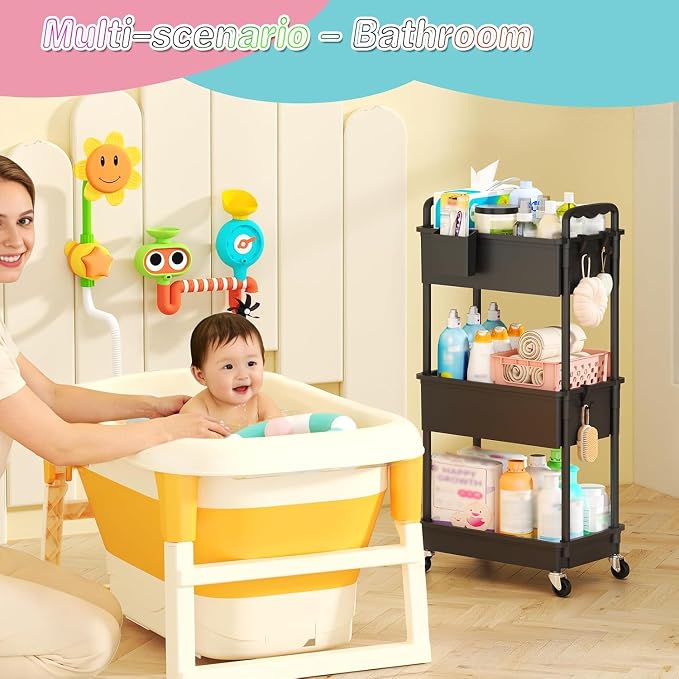 SUNALLY Baby Diaper Caddy Cart,3 Tier Rolling Diaper Cart for Nursery | Large Capacity & Easy Assemble Diaper Storage Organizer with Lockable Wheels for Newborn, New Mom, Baby Girl Boy Essentials - Image 7